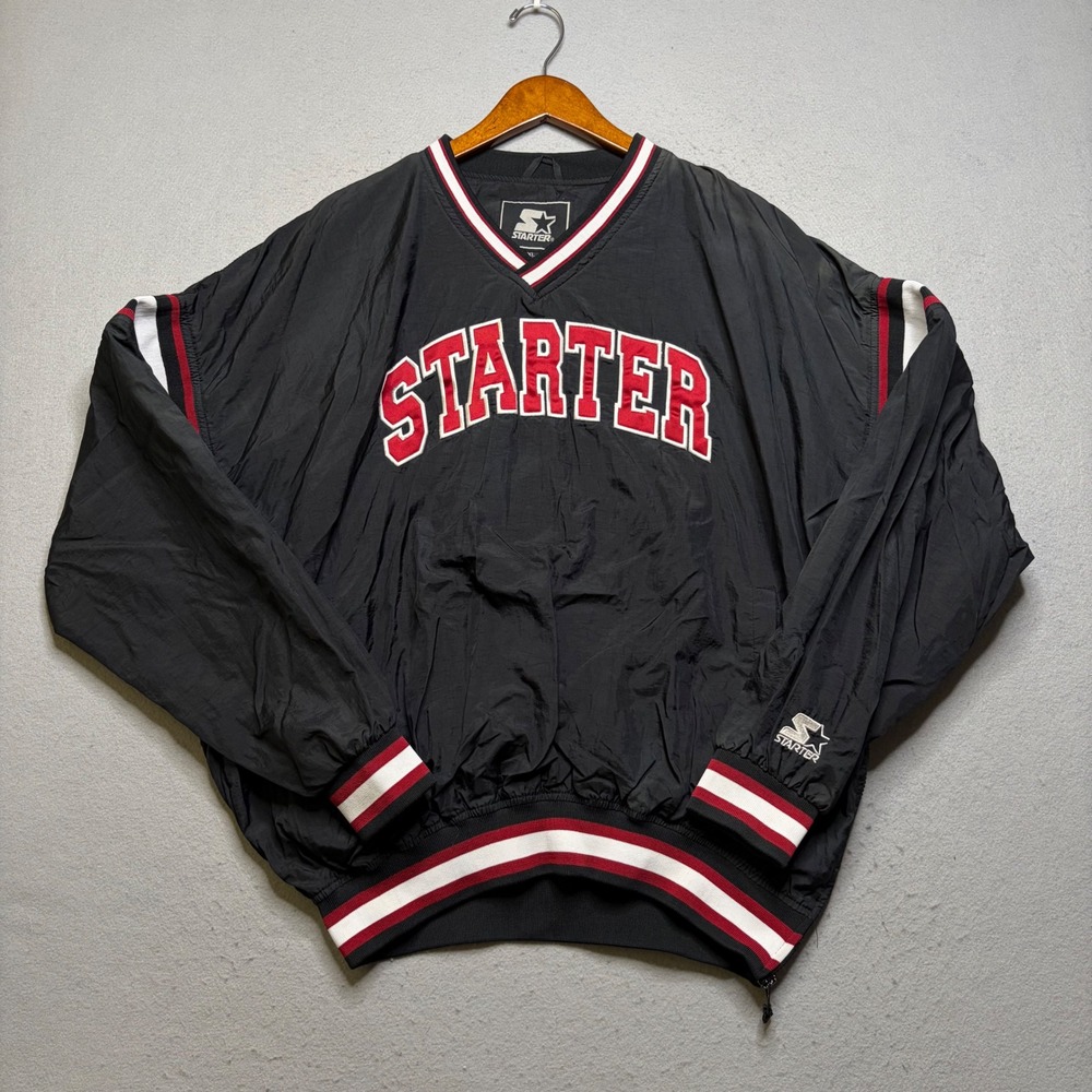 Starter Windbreaker Pullover Mens XL Black Vintage 90s V-Neck Embroidered Logo‎